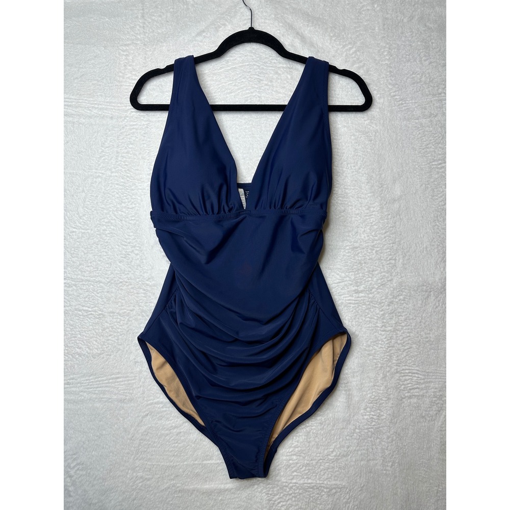 J. Crew Ruched V-Neck One-Piece Swimsuit Womens Large Navy Blue Swimwear